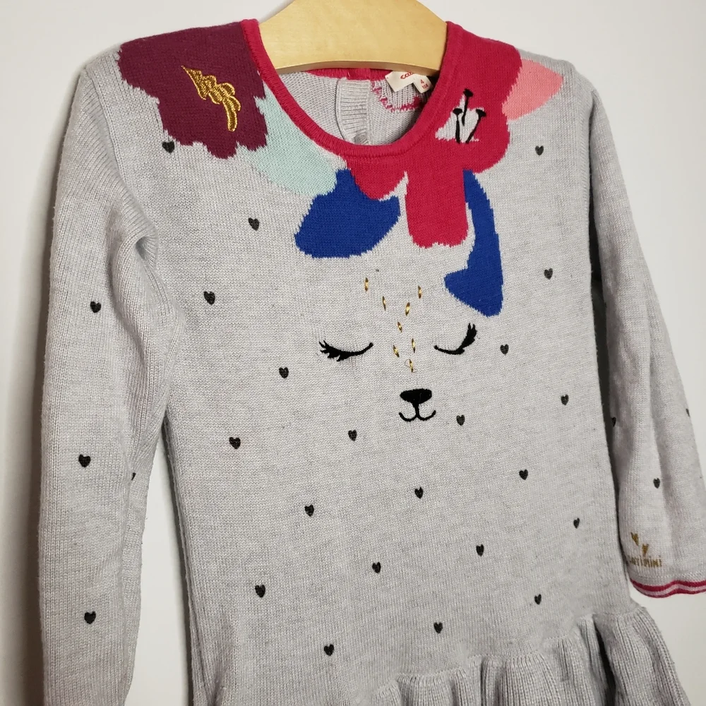 Catimini 4 Toddler Girl Long Sleeve Sweater Dress Heart Floral Animal Design